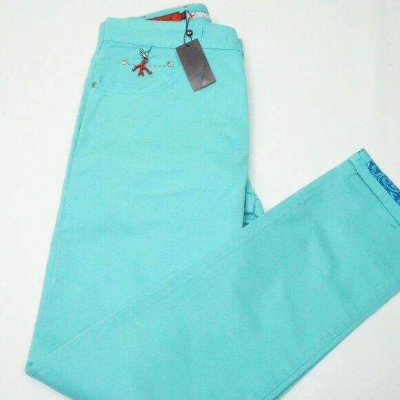 Isaia 5 Tasche Cint Spiga Cotton Blend Aqua Blue Paisley Line Pant 50R Brand New